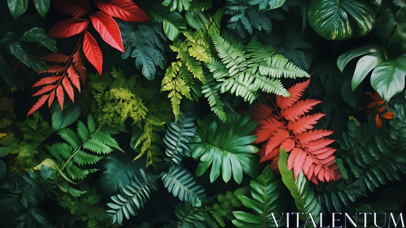 Tropical foliage layers showcase lush red and green contrast.