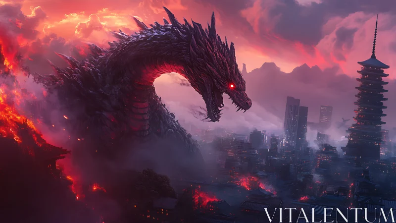 Digital painting of a colossal dragon over burning neo-Tokyo skyline.