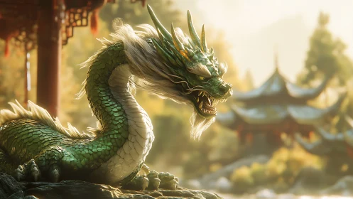 3D Eastern dragon study in luminous temple landscape composition.