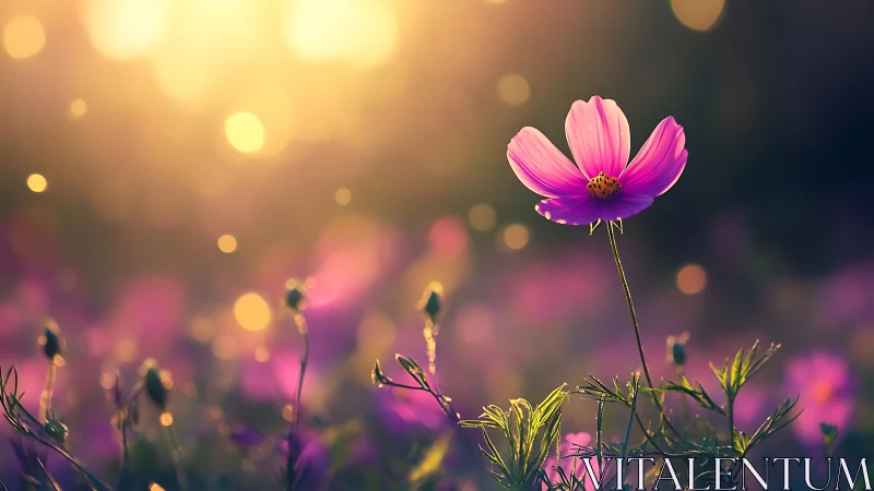 Magenta Cosmos Flower Silhouetted in Golden Sunlight