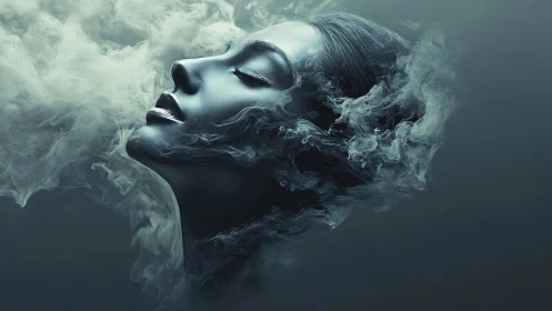 Monochrome female profile dissolves into volumetric smoke gradients
