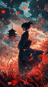 Samurai silhouette amid crimson storm of falling leaves.