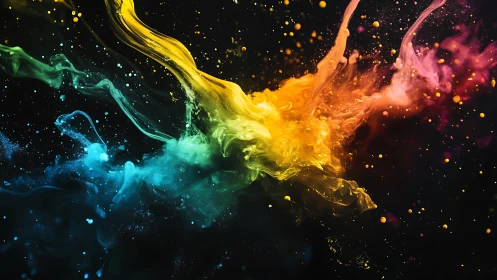 Colorful paint clouds burst and swirl in luminous motion
