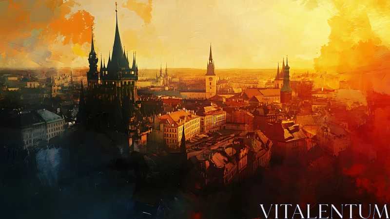 Historic European cityscape with spires under warm sky.