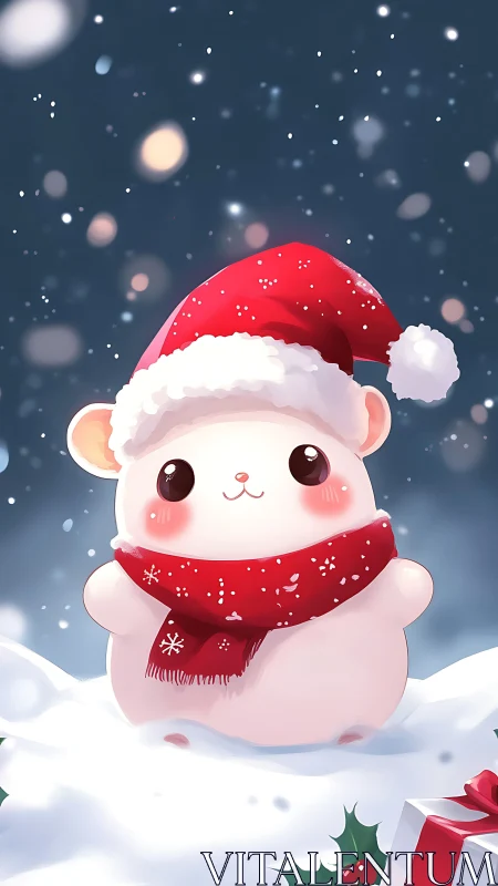 Snowy Christmas hamster in red Santa hat and scarf.