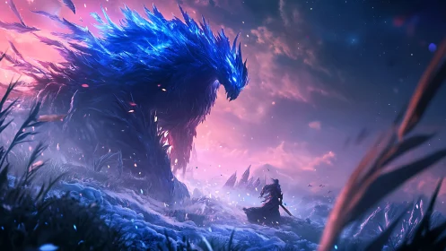 Colossal blue spirit confronts lone warrior at dusk.
