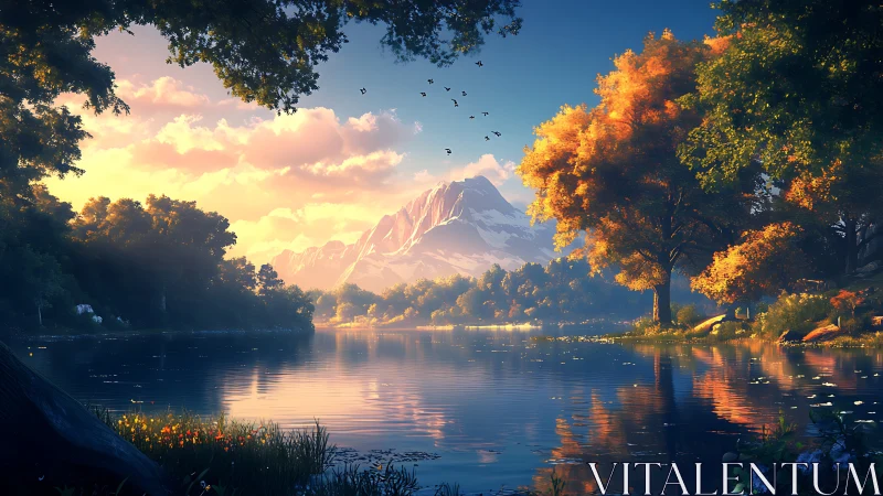 Mountain lake with autumn trees under low evening light.