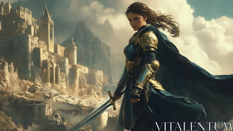 Storm-lit warrior guards a cliffside citadel in silence