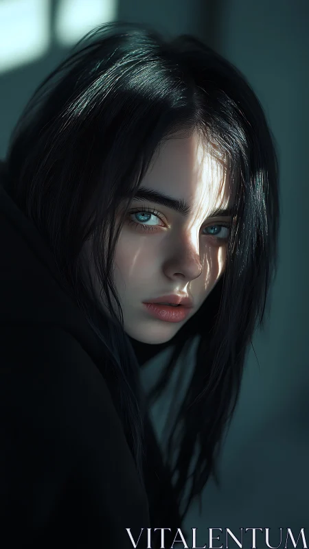 Moody portrait highlights icy blue eyes in shadowed light.