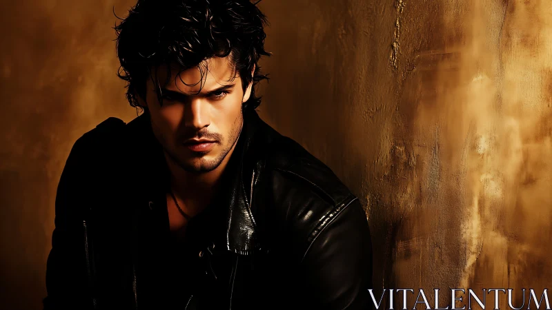 Brooding man in leather jacket against textured wall.