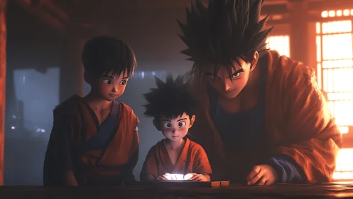 Three anime characters study glowing object on table indoors.