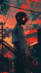 Blood-soaked chainsaw wielder stands in neon dusk haze