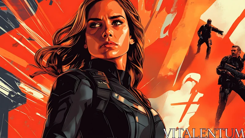 Action heroine portrait in dynamic orange comic composition.