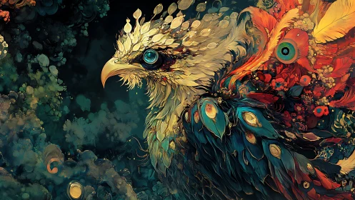 Majestic Fantasy Bird in Vibrant Abstract Digital Art Style.