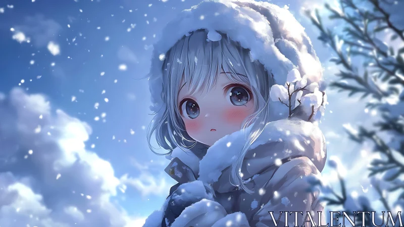 Snowy hooded child in soft blue winter landscape.