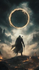 Dark warrior beneath burning celestial ring portal.