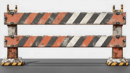 Rusty striped road barrier stands on dark asphalt