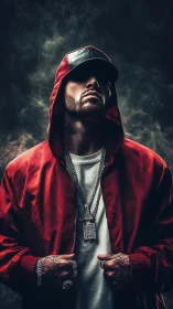 Smoke crowned street king in crimson hooded swaggered stance.