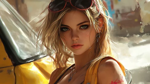 Blonde woman stands beside yellow vehicle in digital portrait
