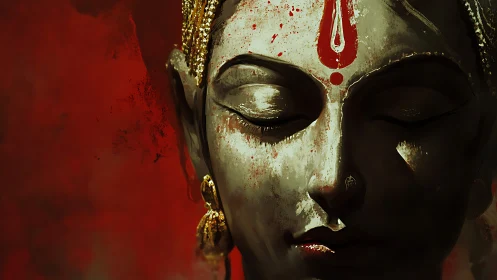 Serene deity portrait with red tilak on textured crimson field