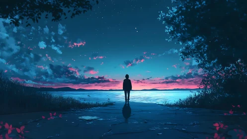 Silhouette watching calm lake under twilight sky.