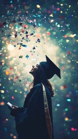 Joyful graduate under cascading confetti bokeh lights.