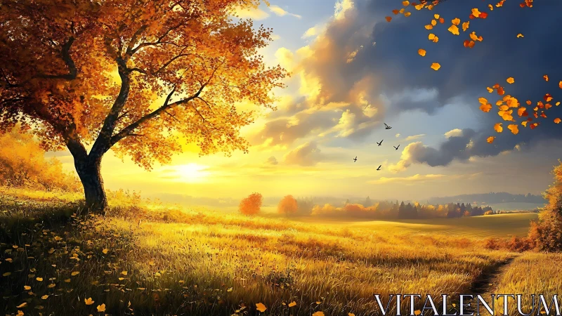 Autumn tree and sunlit field under partly cloudy sky.