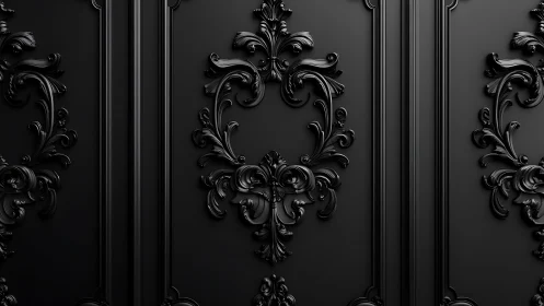 Black baroque wall panel with glossy ornate scrollwork.