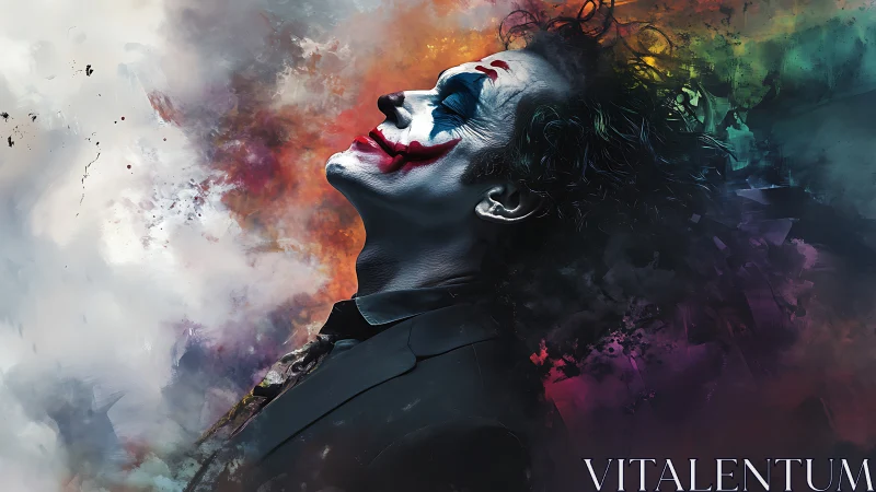 Clown-faced figure in profile amid abstract color clouds.