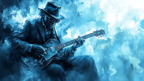 Seated guitarist in monochrome blue digital painting composition