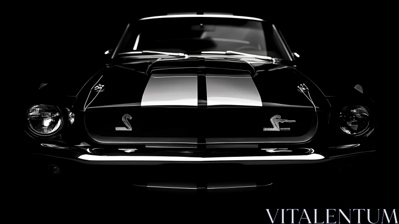 Muscle car front view emerges from dramatic black background.