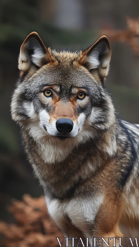 Wild grey wolf portrait in soft forest background.