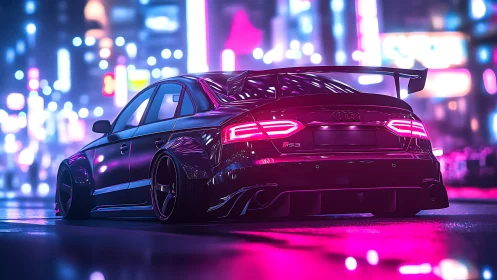 Neon-lit Audi RS3 dominates slick cyberpunk city street.