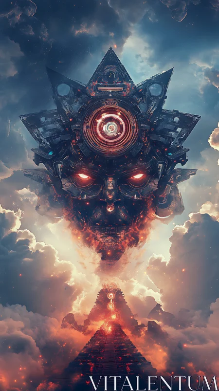 Colossal mechanoid deity with central gyroscopic eye over fiery steps