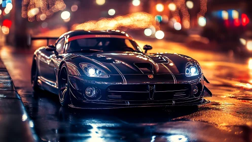 Midnight sports car on wet neon city street, glossy reflections.