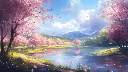 Digital painting of spring lake with cherry blossoms panorama.