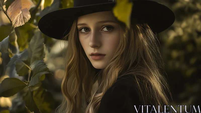 Young woman in dark hat amid soft autumn foliage portrait.