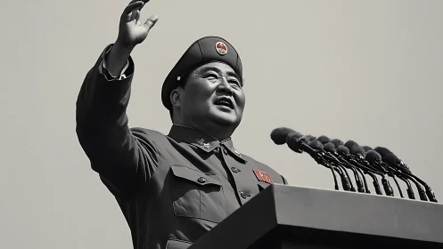 Monochrome military orator at podium with clustered microphones.
