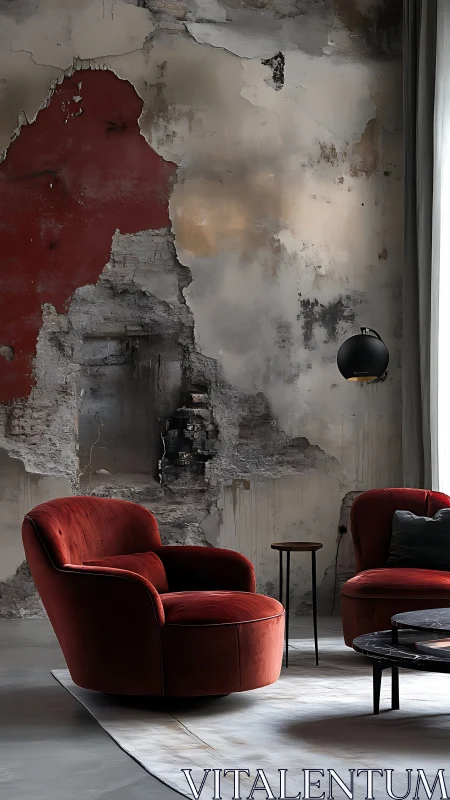 Rustic plaster wall frames inviting red velvet lounge chairs