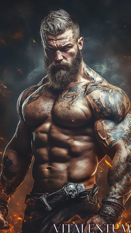 Muscular tattooed male figure in fiery digital environment.