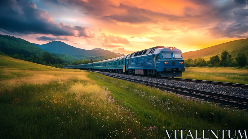 Sunset train gliding through peaceful green mountain valley.