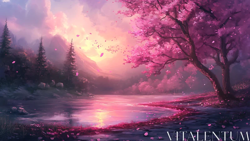 Serene pink lakeside landscape under soft sunset light.
