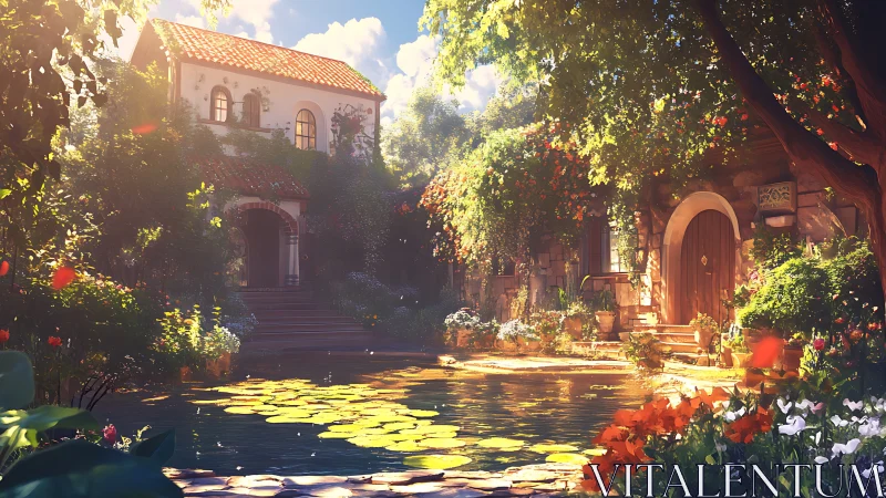 Sunlit courtyard pond reflects vine-covered rustic houses