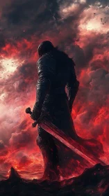 Armored silhouette with incandescent sword in volatile red storm.