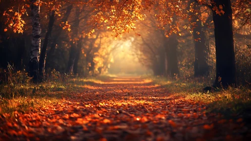 Luminous Autumn Tunnel: Golden Hour Forest Cathedral.