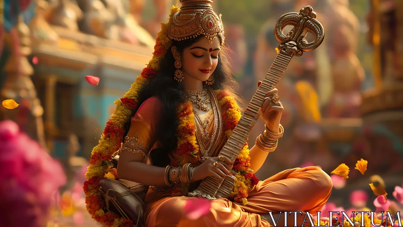 Seated veena player in ornate attire amid temple setting.