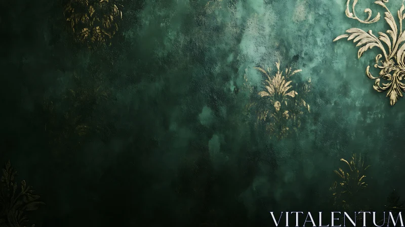 Dark green textured wall with sparse gold ornamental motifs.