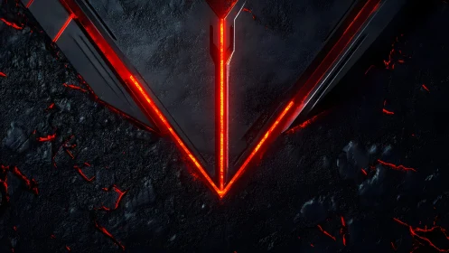 Futuristic red V-shaped emblem on dark textured background.