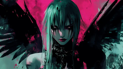 Dark-winged cyber-gothic angel rendered in neon duotone contrast