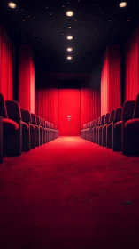 Empty red cinema aisle under dark starry ceiling.